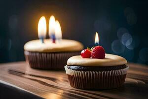 twee cupcakes met kaarsen Aan top van een houten tafel. ai-gegenereerd foto