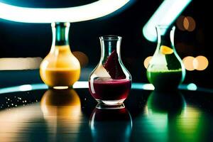 drie verschillend gekleurde sappen in glas flessen. ai-gegenereerd foto