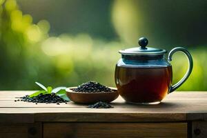 zwart thee in een theepot Aan een houten tafel. ai-gegenereerd foto