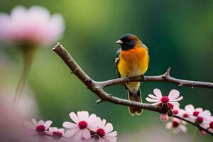 een vogel zit Aan een Afdeling met roze bloemen. ai-gegenereerd foto