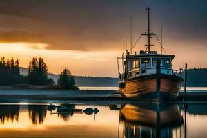 een boot zit Aan de kust Bij zonsondergang. ai-gegenereerd foto