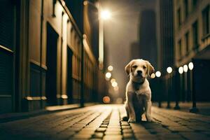 een hond zittend Aan een steen straat Bij nacht. ai-gegenereerd foto