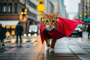 een kat vervelend een rood kaap wandelingen naar beneden een stad straat. ai-gegenereerd foto