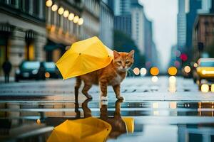 een kat wandelen in de regen met een paraplu. ai-gegenereerd foto