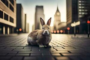 een konijn is zittend Aan de grond in een stad. ai-gegenereerd foto