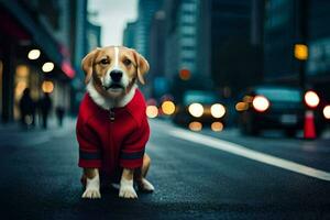 een hond vervelend een rood jas Aan de straat. ai-gegenereerd foto