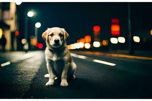 een hond zittend Aan de straat Bij nacht. ai-gegenereerd foto