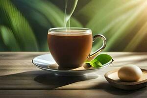 een kop van koffie met een groen blad Aan de tafel. ai-gegenereerd foto