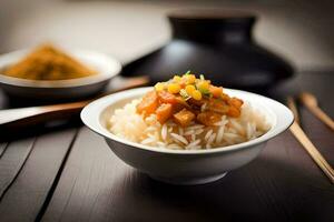 een kom van rijst- met vlees en groenten Aan top. ai-gegenereerd foto