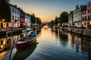 een boot is aangemeerd in een kanaal Bij zonsondergang. ai-gegenereerd foto