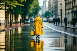een vrouw in een geel regenjas wandelen naar beneden een straat. ai-gegenereerd foto