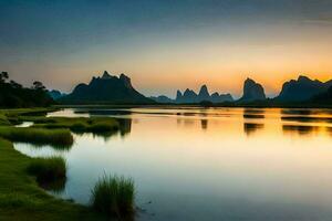 de zon sets over- bergen en water in China. ai-gegenereerd foto