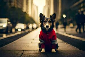 een hond vervelend een rood trui zit Aan de straat. ai-gegenereerd foto