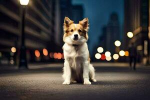 een hond zittend Aan de straat Bij nacht. ai-gegenereerd foto