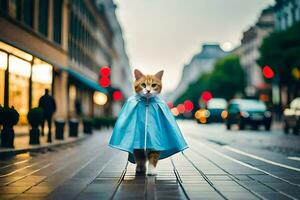 een kat vervelend een blauw regenjas wandelen naar beneden een straat. ai-gegenereerd foto