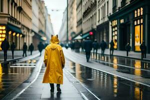 een persoon in een geel regenjas wandelen naar beneden een stad straat. ai-gegenereerd foto