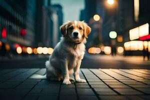 een hond zittend Aan de straat Bij nacht. ai-gegenereerd foto