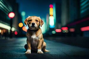 een hond zittend Aan de straat Bij nacht. ai-gegenereerd foto