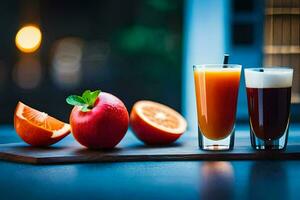 twee bril van oranje sap en een oranje Aan een tafel. ai-gegenereerd foto