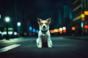 een hond zittend Aan de straat Bij nacht. ai-gegenereerd foto