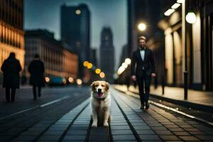 een hond is staand Aan een straat in de midden- van een stad. ai-gegenereerd foto