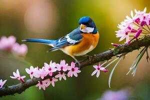 een blauw en oranje vogel zit Aan een Afdeling met roze bloemen. ai-gegenereerd foto