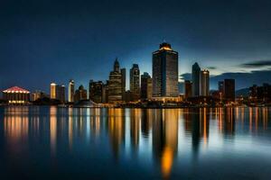 de stad horizon Bij nacht met de reflectie van de water. ai-gegenereerd foto