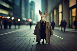 een konijn vervelend een jas en stropdas staand Aan een stad straat. ai-gegenereerd foto