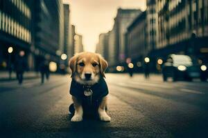 een hond vervelend een jasje zit Aan de straat. ai-gegenereerd foto