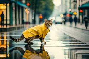 een kat in een geel regenjas wandelen Aan een nat straat. ai-gegenereerd foto