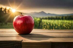 een appel zit Aan een houten tafel in voorkant van een zonsondergang. ai-gegenereerd foto