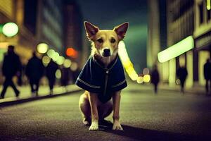 een hond vervelend een jasje zit Aan de straat Bij nacht. ai-gegenereerd foto