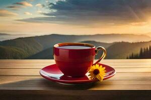 een kop van koffie Aan een houten tafel met een zonnebloem in de voorgrond. ai-gegenereerd foto