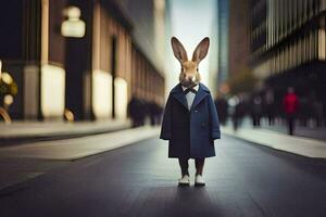 een konijn vervelend een pak en stropdas staand Aan een straat. ai-gegenereerd foto