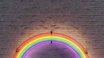 neon regenbooglamp op bakstenen muur. 3D render foto