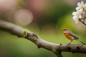 een klein vogel zit Aan een Afdeling met een bloem. ai-gegenereerd foto