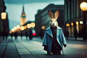 een konijn gekleed in een jas en stropdas staand Aan een straat. ai-gegenereerd foto