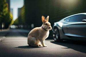 een konijn zittend De volgende naar een auto. ai-gegenereerd foto