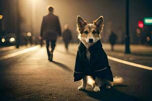 een hond in een jas staand Aan de straat Bij nacht. ai-gegenereerd foto