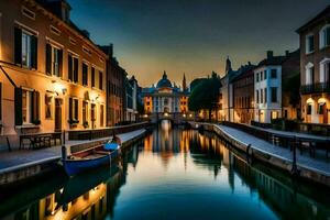 een kanaal in de midden- van een stad Bij nacht. ai-gegenereerd foto