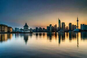 de horizon van Shanghai Bij zonsondergang. ai-gegenereerd foto