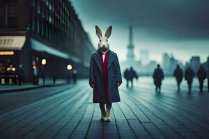 een konijn vervelend een jas en stropdas staat in de midden- van een stad straat. ai-gegenereerd foto