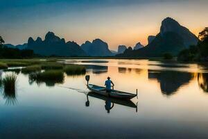 een Mens in een boot Aan de rivier- Bij zonsondergang. ai-gegenereerd foto