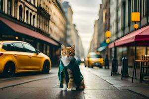 een kat in een groen jas staand Aan de straat. ai-gegenereerd foto