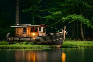 een boot zit Aan de kust van een meer Bij nacht. ai-gegenereerd foto