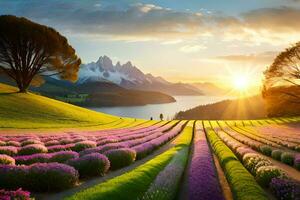 de zon sets over- een lavendel veld. ai-gegenereerd foto