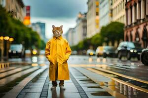 een kat vervelend een regenjas staat Aan een nat straat. ai-gegenereerd foto