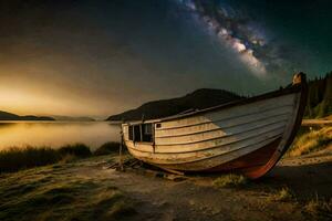 een boot zit Aan de kust Bij nacht met de melkachtig bovenstaande. ai-gegenereerd foto