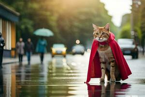 een kat vervelend een rood kaap Aan een regenachtig dag. ai-gegenereerd foto