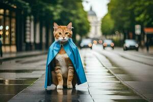 een kat vervelend een blauw kaap Aan een regenachtig straat. ai-gegenereerd foto